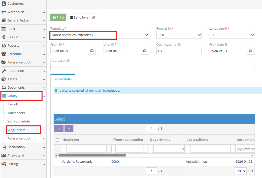 Settings for generating an income certificate
